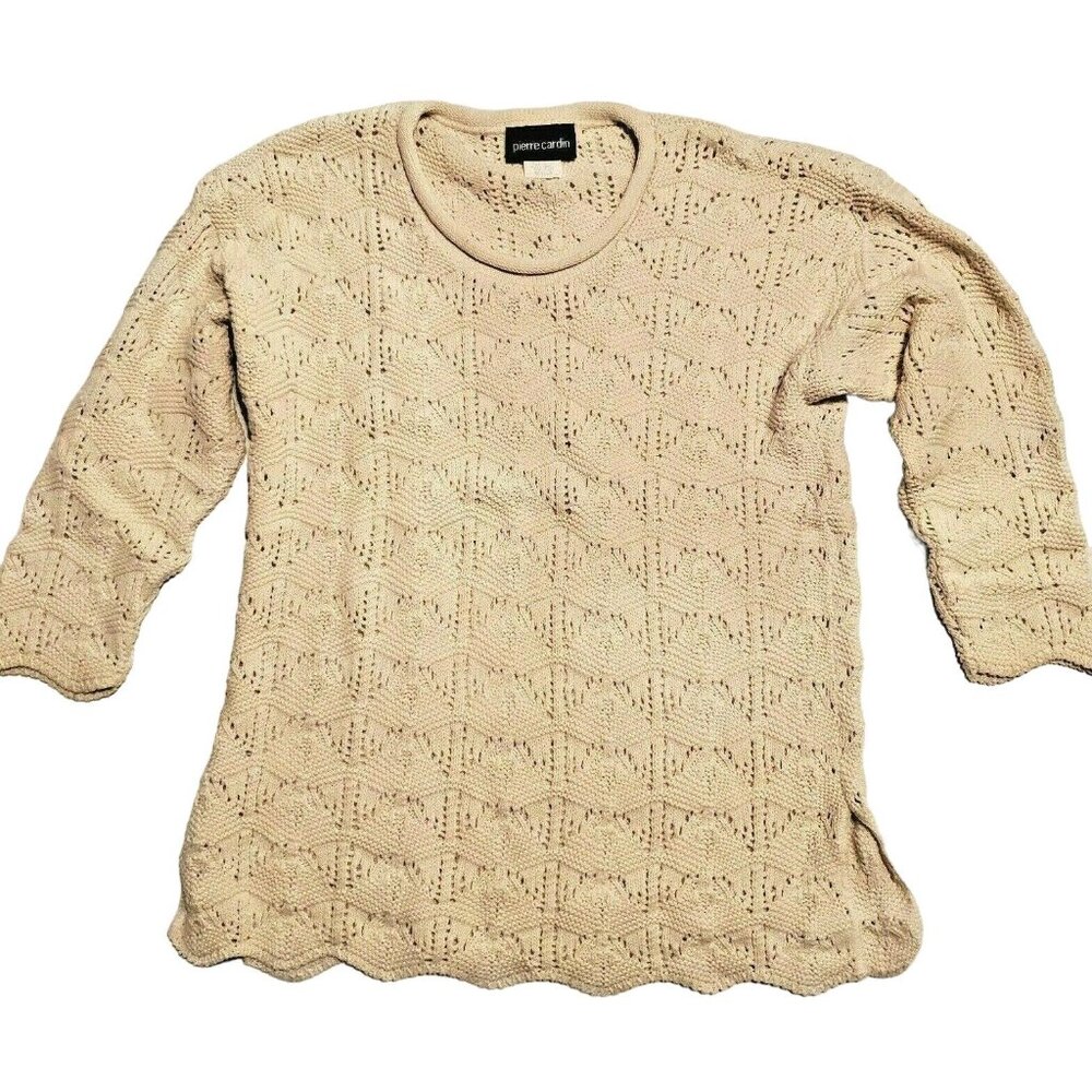 Vintage Ivory Open Knit Pierre Cardin Sweater with Scalloped Hem Medium